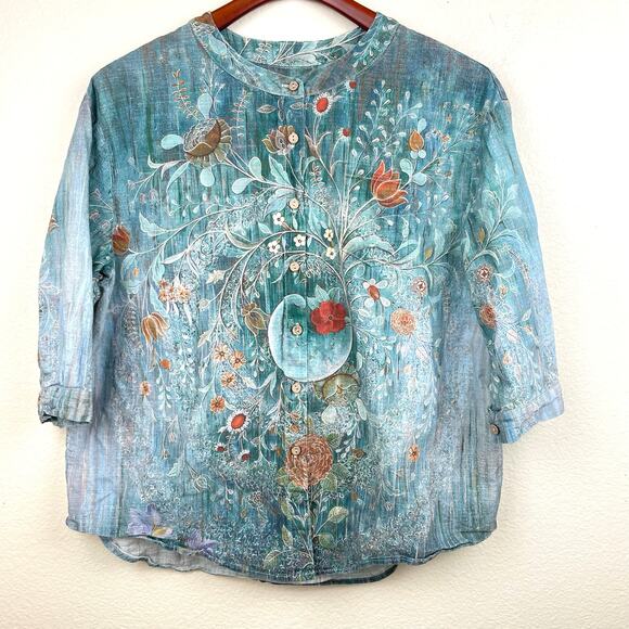 Unbranded Tops - Womens Top Sz M Linen‎ Cottage Fairy Bird Statement Sustainable Ethereal Boho